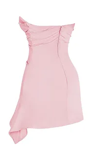 Back view of pink bodycon mini dress with hidden zipper and ruched top detail