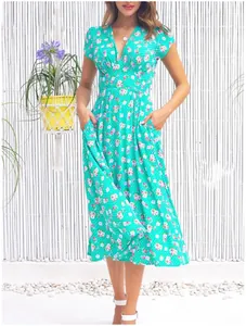 Böhmisches grünes Blumen-Midikleid mit V-Ausschnitt, Taschen und kurzen Ärmeln