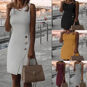 Vestito Midi da Donna Senza Maniche a Tinta Unita Girocollo Elegante Gonna a Tubino Aderente Con Bottoni Decorativi Laterali Estivo