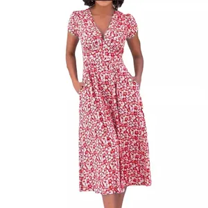Boho-Kleid mit V-Ausschnitt, Blumendruck, Kurzarm und praktischen Seitentaschen