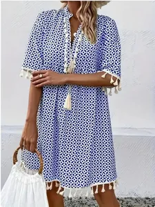 Women Bohemian V Neck Geometric Print Tassel Dress Summer Half Sleeve Polyester Mini Dress Casual Boho Beach Wear Holiday