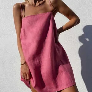 Women's Casual Cotton Linen Spaghetti Strap Mini Dress Solid Color Sleeveless Vacation Beach Loose H-Line Sundress