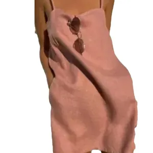 Elegant casual pink cotton linen spaghetti strap mini dress perfect for summer vacation