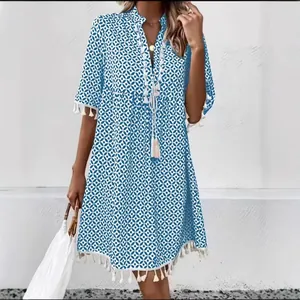 Summer bohemian blue and white geometric print V-neck tunic dress with white fringe tassels