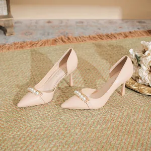 Women Pointed Toe Stiletto High Heels Elegant Artificial Pearl Strap Side Hollow Pumps Microfiber Versatile Commute Dress Shoes