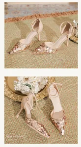 Detailed macro view of rose gold sequin pointed toe high heels with elegant ankle strap