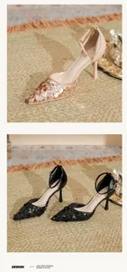 Detailed view of glamorous sequined pointed toe stiletto heels with elegant ankle strap