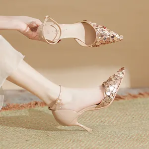 Women's Pointed Toe Stiletto High Heels Elegant Large Sequin Ankle Strap D'Orsay Sandals Glitter Banquet Party Wedding Shoes