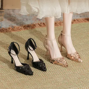 Sparkling sequin pointed toe high heels with thin strap sandals for elegant women