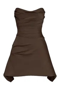 Elegant brown ruched strapless mini dress with boned corset and draped detailing