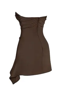 Back view of a brown strapless bodycon mini dress with asymmetrical hem and zipper