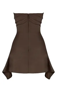 Back view of a brown strapless corset mini dress with an asymmetrical hem