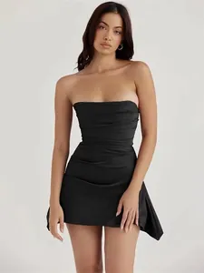 Elegant black strapless mini dress with ruched detail and slim fit for special parties.