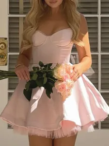 Sexy Korsett Satin Tüll Minikleid Sommer Spaghetti-Träger Hohe Taille Puffrock Party Clubwear Ärmelloses Tutu-Kleid