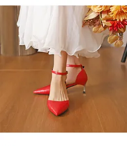Close-up of elegant red crocodile pattern pointed-toe high heels with ankle strap design