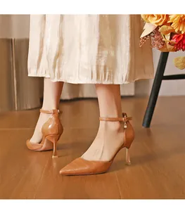 Elegant brown crocodile pattern high heels with ankle strap and pointed toe design