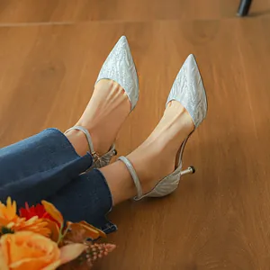 Tacones Altos de Purpurina para Mujer Zapatos de Punta y Tacón de Aguja Sandalias con Tira al Tobillo Strass Champaña Plateado Boda