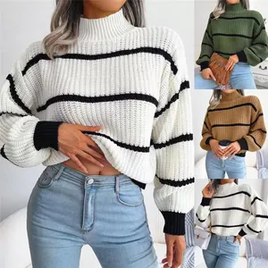 Women Striped Mock Neck Lantern Sleeve Knitted Pullover Sweater Casual Loose Knit Jumper Top Autumn Winter Fashion Jumper