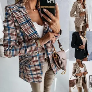 Blazer a Quadri da Donna Doppiopetto Stile Britannico Giacca da Abito Pied de Poule Formale Ufficio Pendolare Moda Top