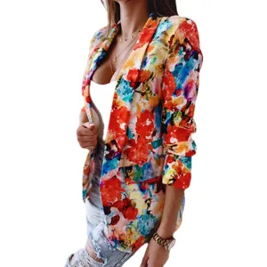 Farbenfroher Damenblazer mit Blumendruck, lässige schlanke Frühlingsjacke im Ölgemälde-Stil