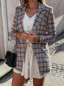 Giacca blazer a quadri alla moda da donna con revers classici e bottoni a doppiopetto