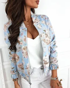 Elegante giacca bomber floreale azzurra da donna con zip e maniche lunghe elasticizzate
