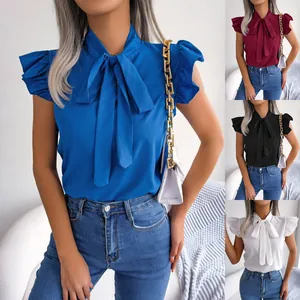Elegante blusa de verano de manga corta con lazo y mangas de volantes en colores