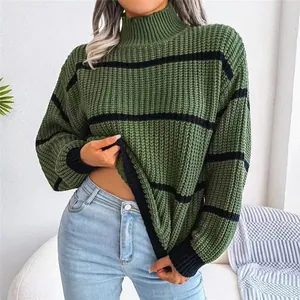 Close-up view of women's olive green striped mock neck sweater with thick rib-knit texture