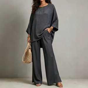 Women's Cotton Polyester Blend Top And Bottom Oversized Round Neck Top And Wide Leg Pants Casual Summer Outfit