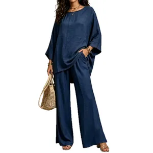 Navy blue cotton linen two-piece set featuring oversized top and wide-leg pants