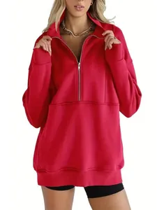 Detailed view of a red fleece oversized half-zip pullover warm sweatshirt for women