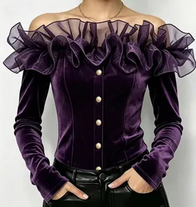 Elegant purple velvet off-shoulder top with ruffled mesh collar and gold buttons