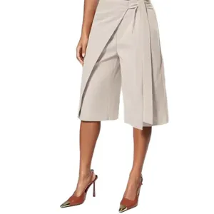 Elegant wrap-around tie culottes wide-leg pants in grey beige for women's fashion
