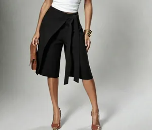 Elegant black wrap tie-waist wide-leg culottes for women, perfect for professional commute look.