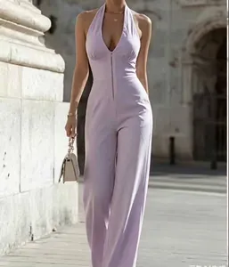 Detail view of an elegant lavender halter neck jumpsuit featuring a front zipper