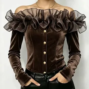 French Style Off-Shoulder Velvet Blouse Women Flower Bud Collar Slim Fit Top Long Sleeve Shirt With Gold Buttons