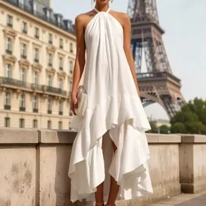 Abito da Donna Scollo all'Americana con Volant a Strati Bordo Irregolare Senza Maniche Elegante Vacanza Midi Vestito Lino Poliestere