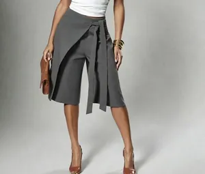 Detailed view of elegant grey wrap-around tie waist wide leg culottes for office women