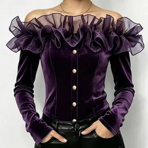 Elegant purple velvet off-shoulder shirt featuring a ruffle collar and gold button details