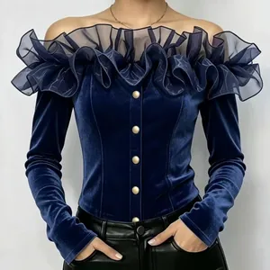 Elegant navy blue velvet off-the-shoulder shirt with ruffle trim and gold buttons.
