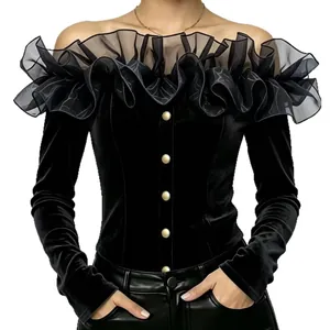 Elegant black off-the-shoulder ruffled velvet blouse with gold buttons