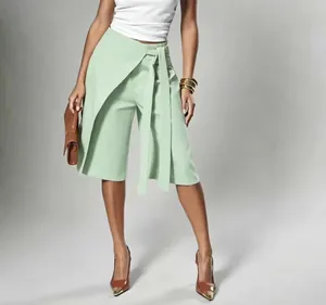 Stylish mint green wrap-around wide-leg culottes with waist tie detail for women