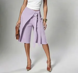 Detail of lavender wrap-style tied wide-leg culottes for women