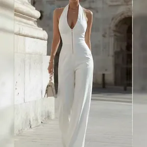 Women Elegant Halter Neck Sleeveless Jumpsuit Fashion Commuter Wide Leg Jumpsuit Front Zipper High Waist Polyester Suit