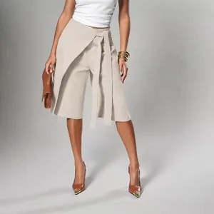 Elegant beige wrap-style tie-waist wide-leg culottes for women's professional wear
