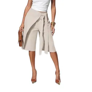 Elegant beige wrap belted wide-leg culottes for women, professional office skirt pants