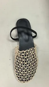 Close-up detail of summer breathable woven mesh flat sandal with an elastic back strap