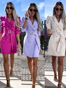 Elegant double-breasted blazer dress with a belted waist featured in three stylish colors
