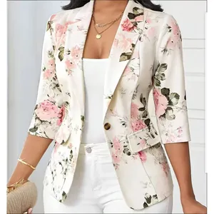 Women's Floral Print Acrylic Blazer Three-Quarter Sleeve Lapel Single Button Fashion Jacket Casual Office Work Top