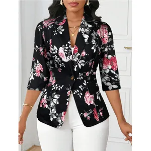 Elegant women's floral print blazer with stylish 3/4 sleeves in classic black and pink